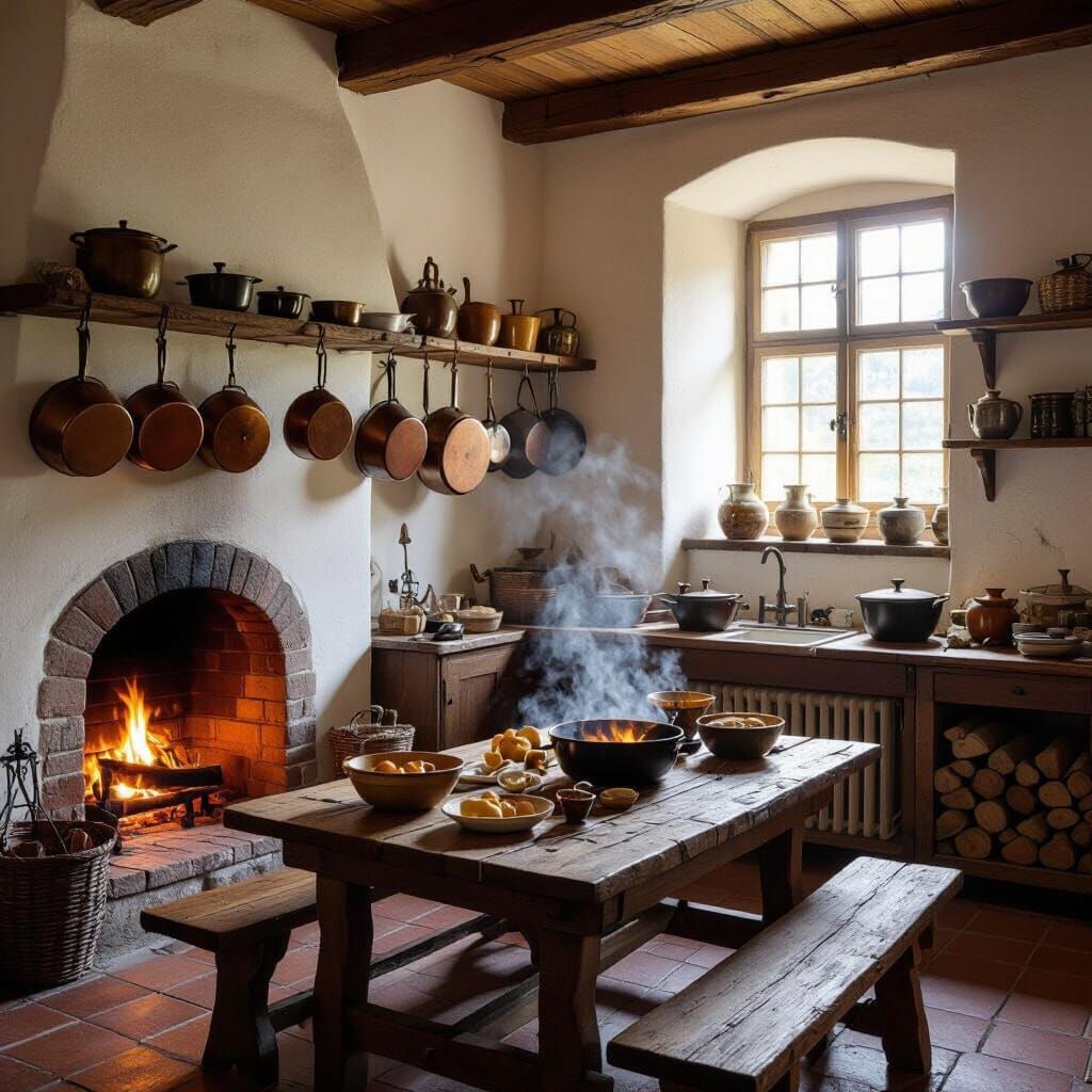 Medieval Kitchen Interior in Vermeer Lighting Style
