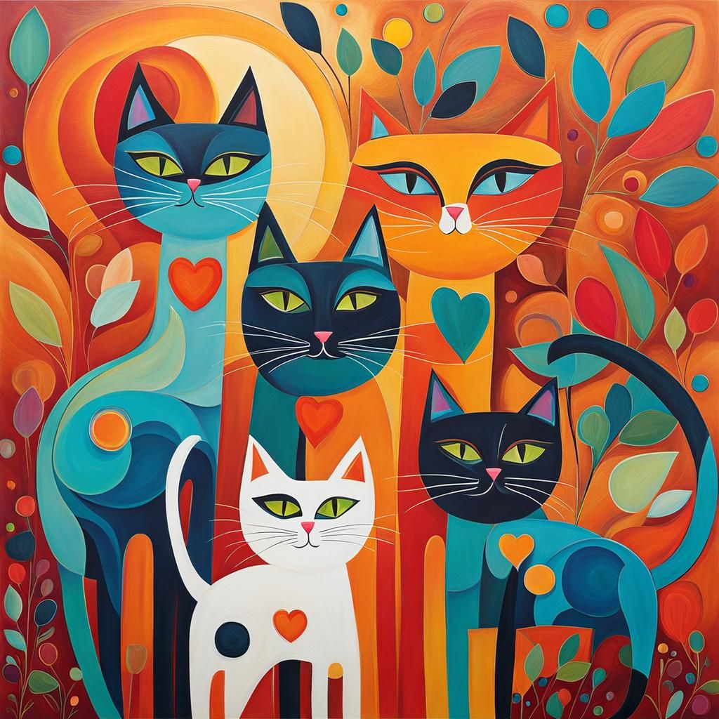 Abstract Family Portrait with Cats in Complementary Colors