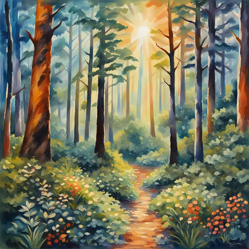 Sunlit Forest Dream in Gouache Watercolor Style