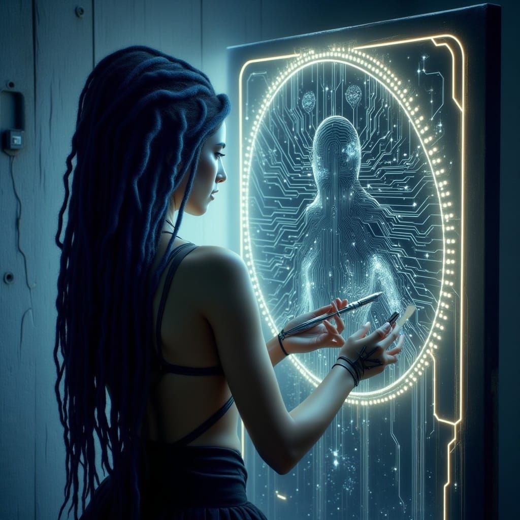 Dreamy Woman and Bioluminescent Mirror to Utopia