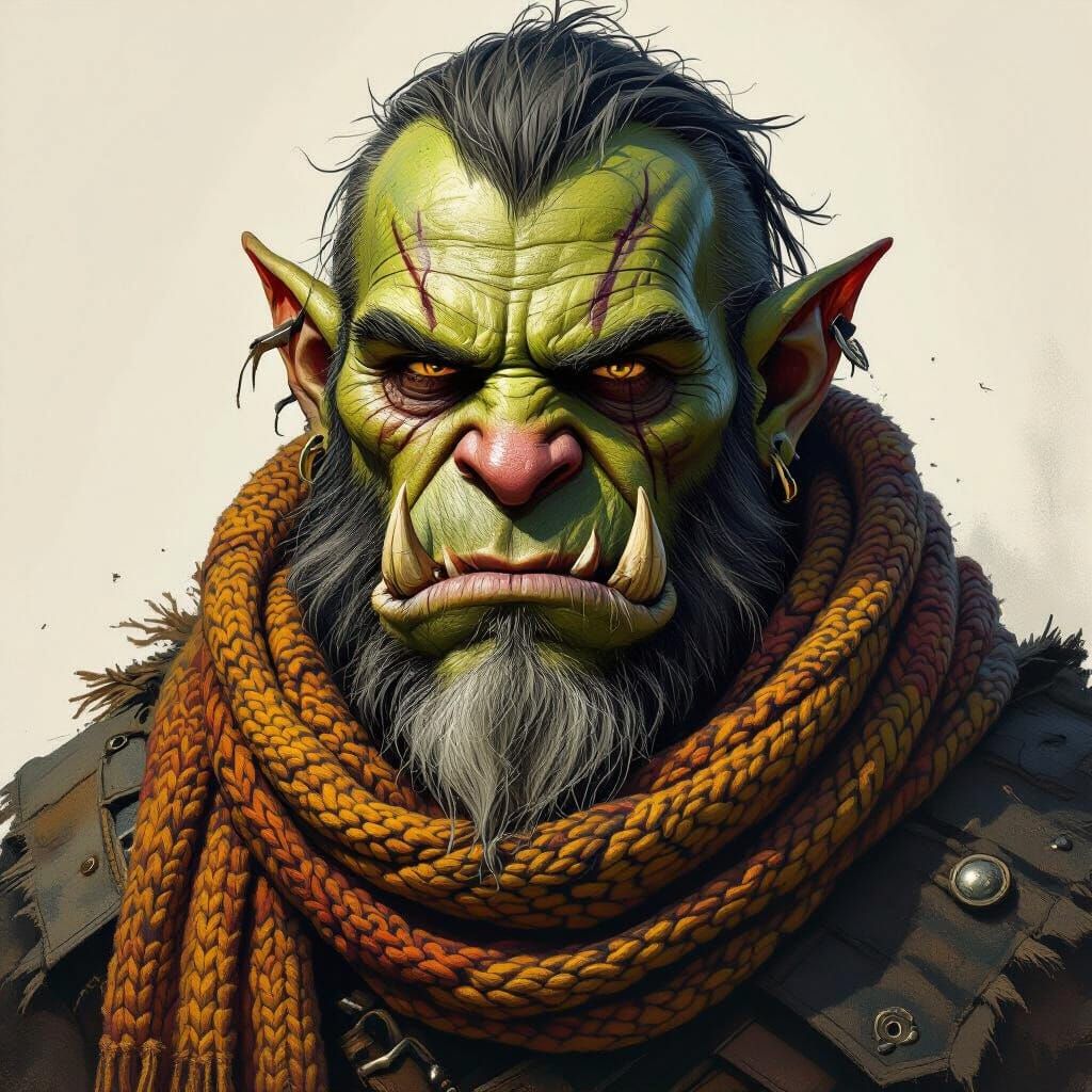 Grizzled Orc Ascetic with Knit Scarf in Dramatic Lighting