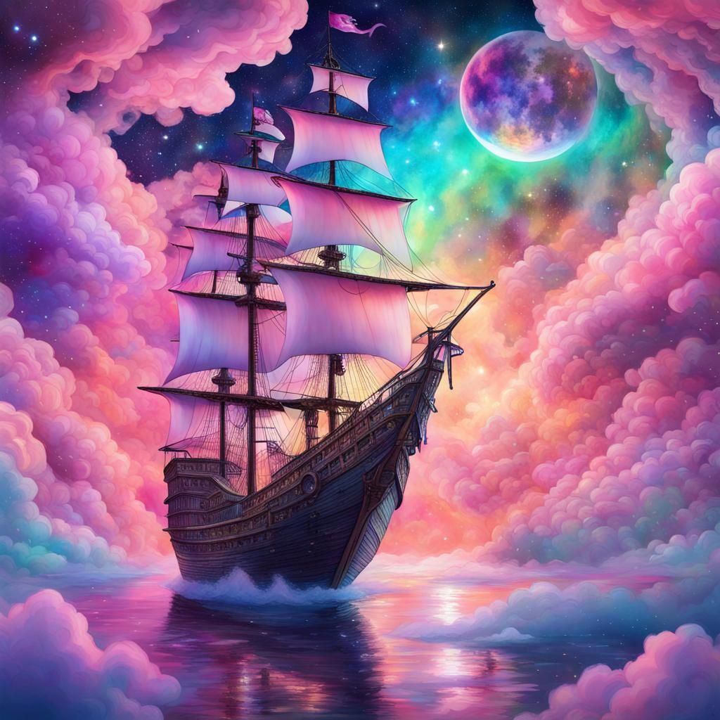 Pirate Ship Soaring Through Cosmic Pastel Clouds