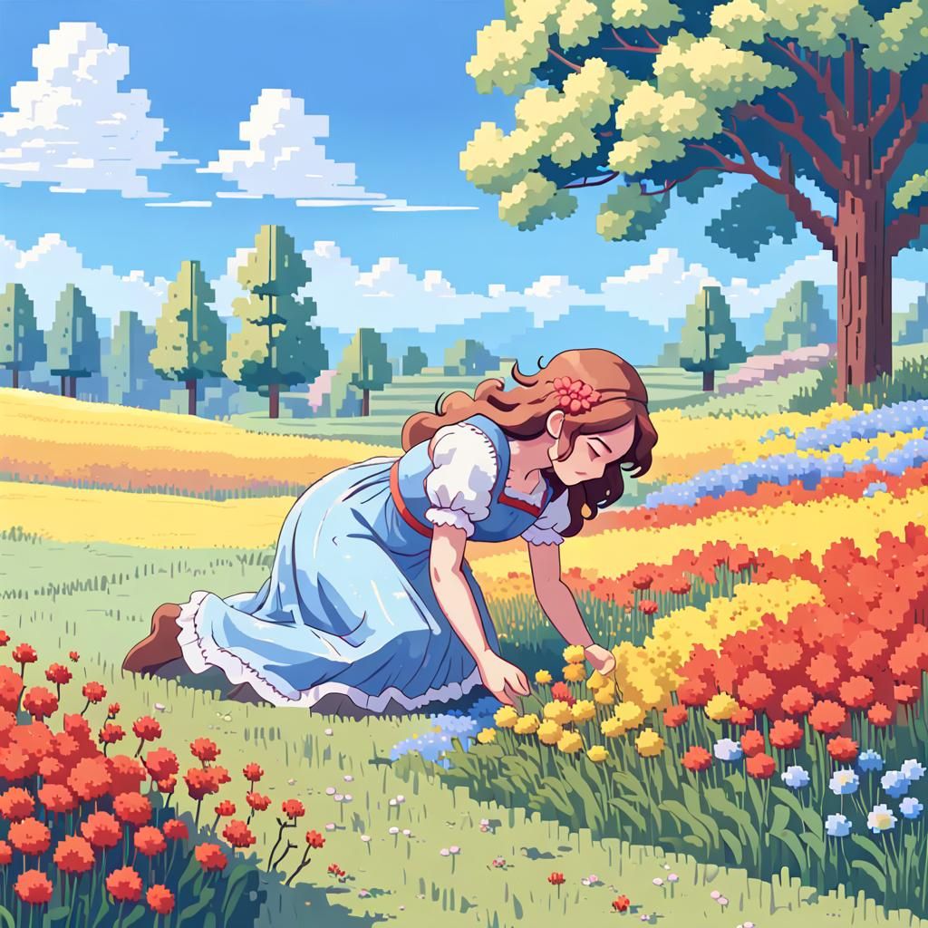Pixel Art: Woman Picking Wildflowers in Rural Scene