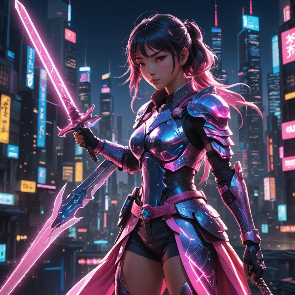 Futuristic Warrior Girl with Glowing Sword in Anime Style