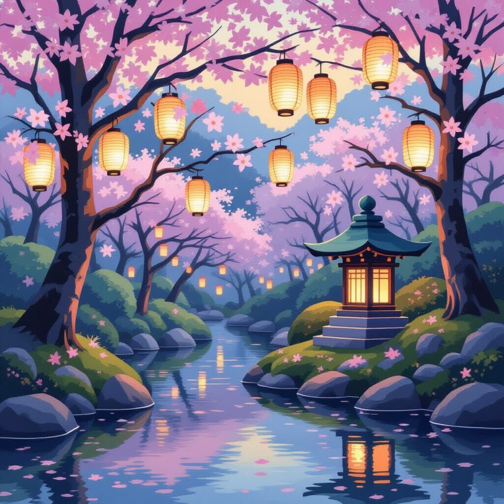 Japanese Garden at Dusk in Ink Wash Style