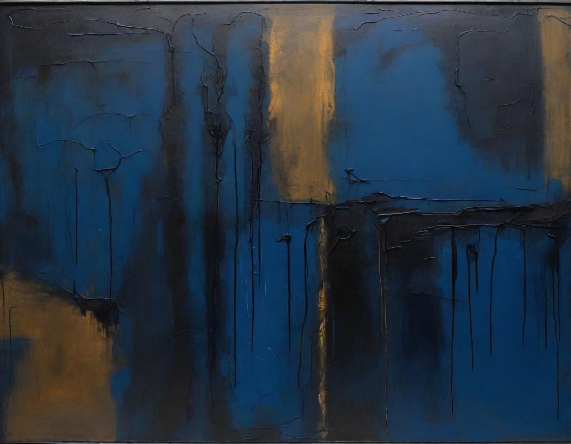 Dark Abstract Expressionist Painting in Blue and Black