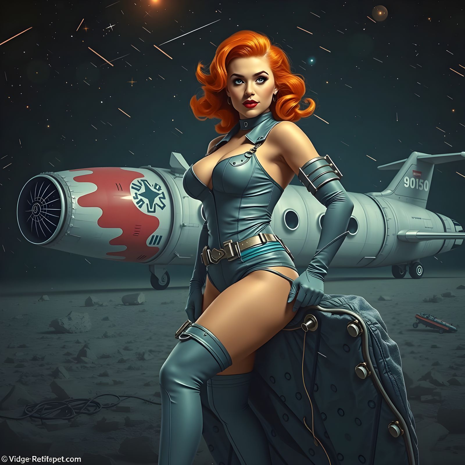 Ravishing Redhead in Retro-Futuristic Spacesuit on Asteroid