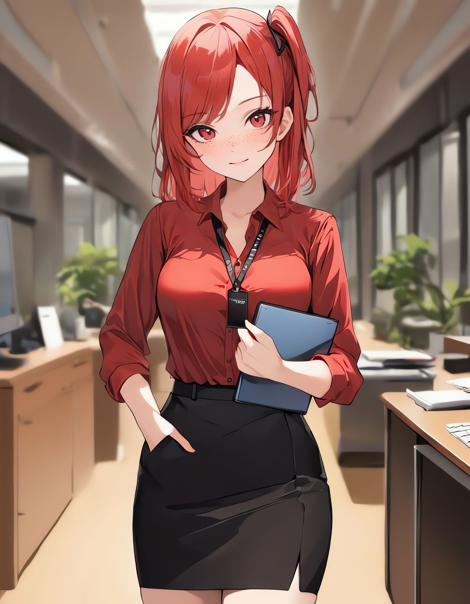 Woman in Red Dress Shirt and White Skirt in Office