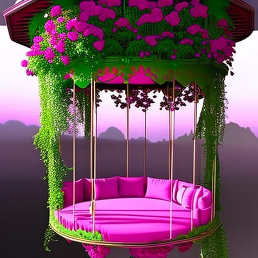 Magenta pink Gothic Round Swing Bed with Pergola Roof and Planters& gothic vibes& ethereal vibes& magical vibes& dark fa...