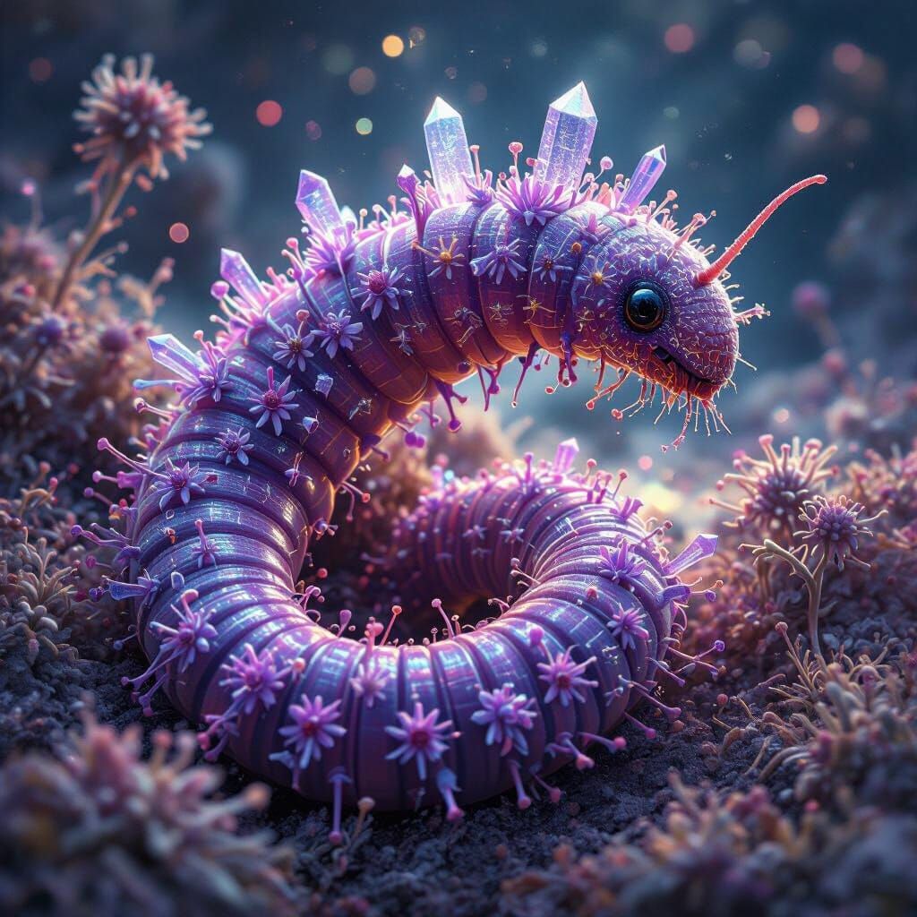 Surreal Earthworm Hybrid in Bioluminescent Alien Ecosystem