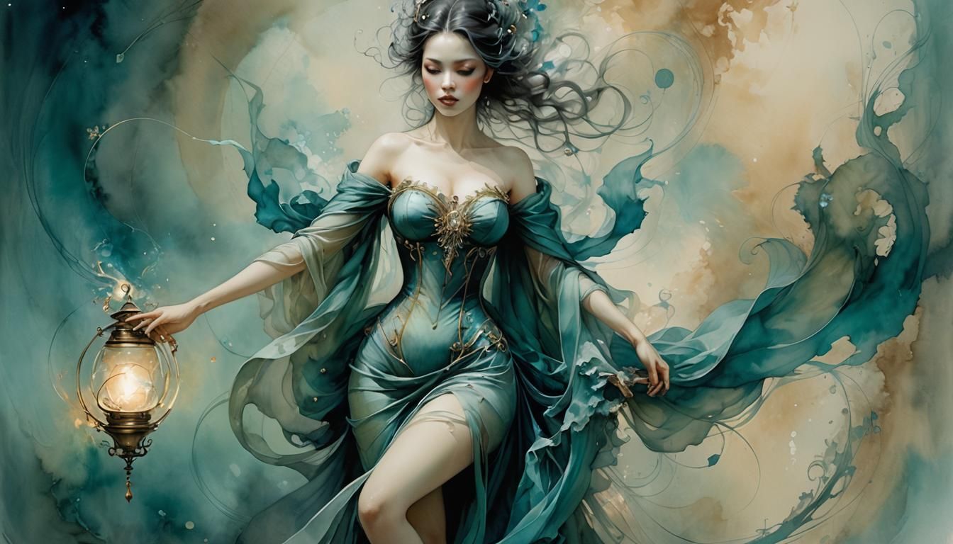 Ethereal Woman Portrait with Watercolor and Fractal Details