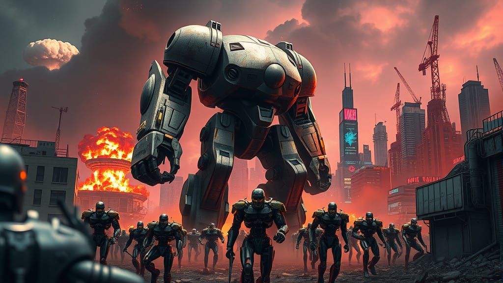 Cyberpunk Apocalypse: 25 Foot Jager Battles Man-Sized Termin...