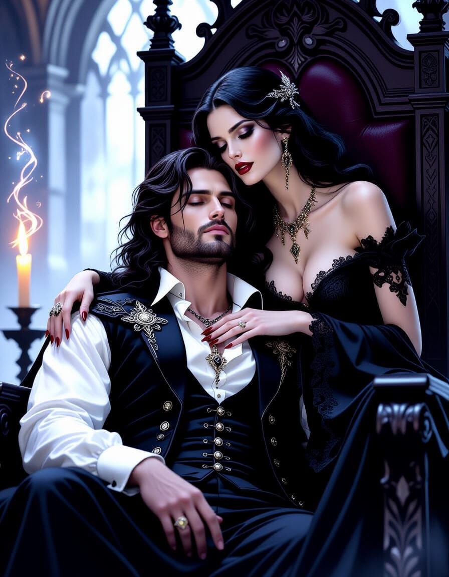 Enchantress Whispers Spell to King on Throne