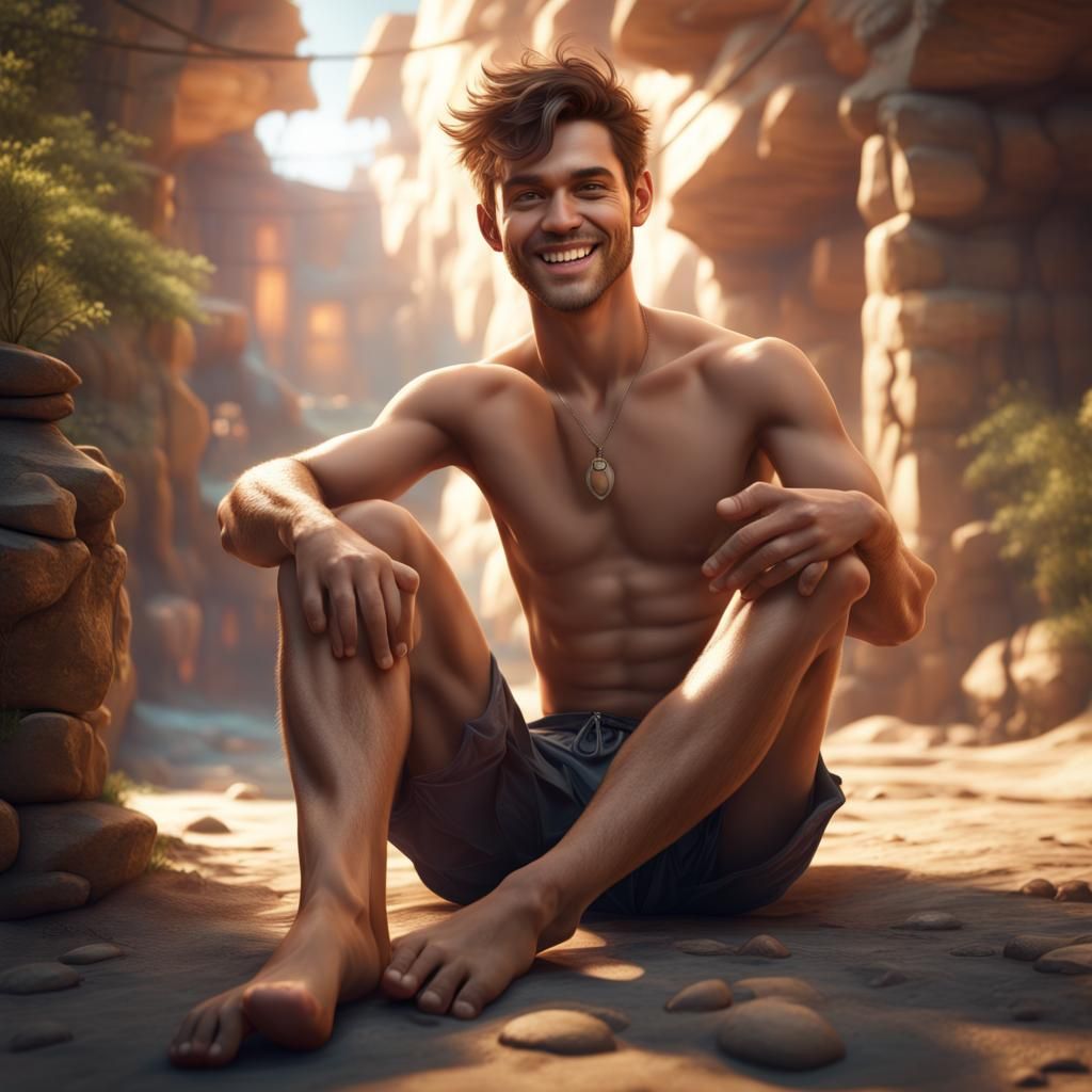 Detailed Matte Painting of a Smiling Barefoot Man