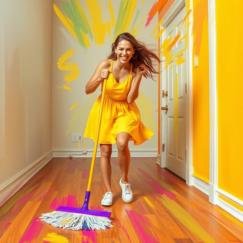 Woman Mopping in Fluorescent Colors, Energetic Art