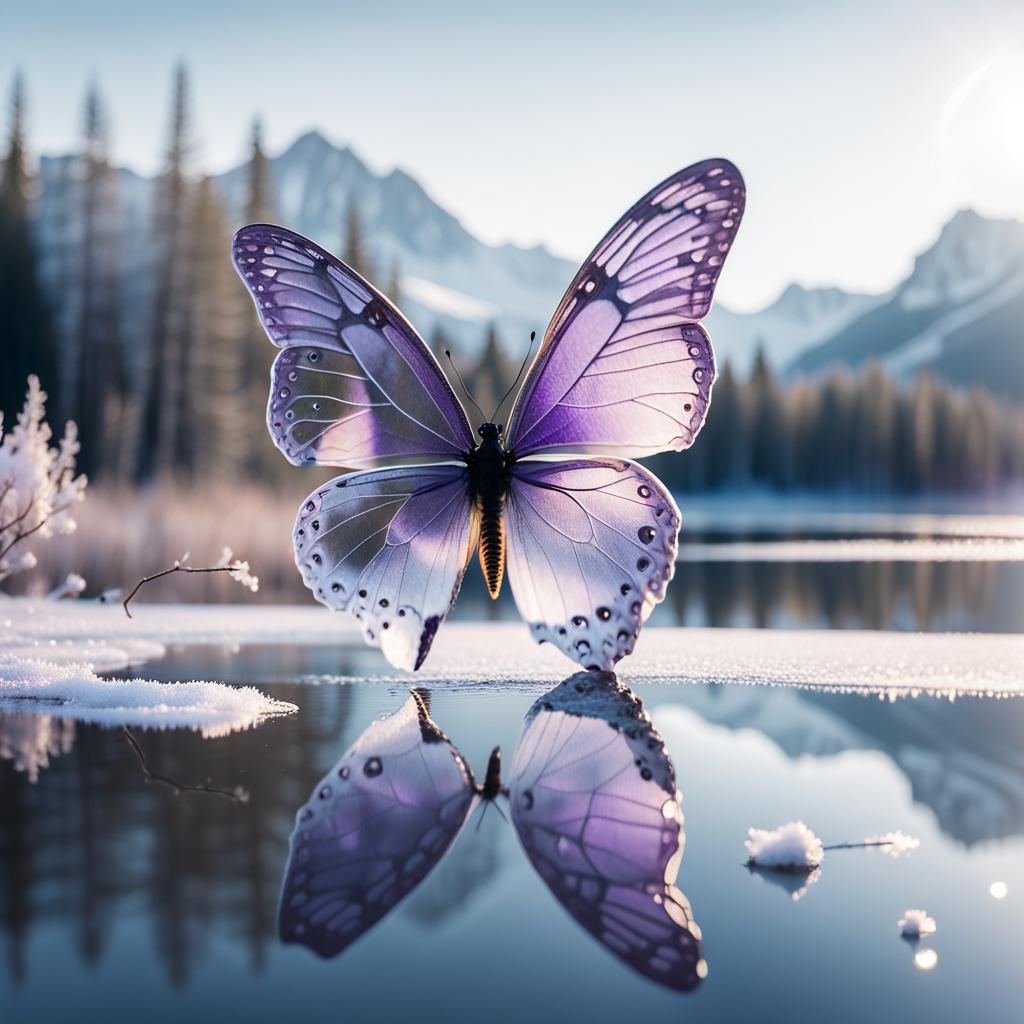 Purple Butterfly on Crystal Reflected in Lake