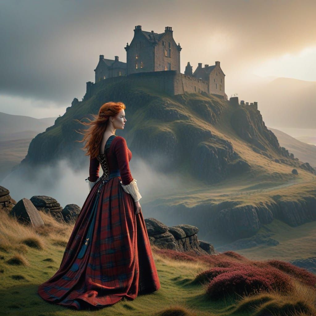 Elegant Red-Haired Woman in 18th-Century Scottish Dress Agai...