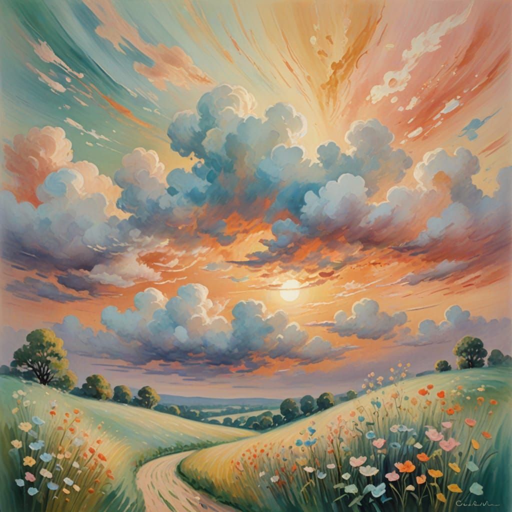 Whimsical Expressionist Sunset Landscape in Pastel Colors