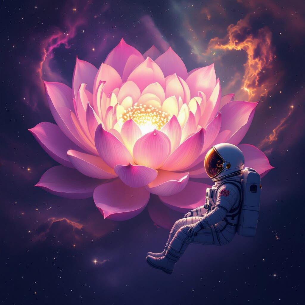 Astronaut Gazes at Cosmic Lotus Nebula in Space Art Style