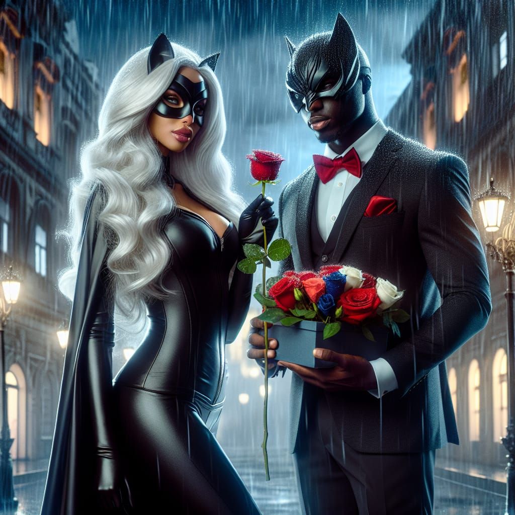 A captivating, romantic scene set in a rain-soaked, dimly li...