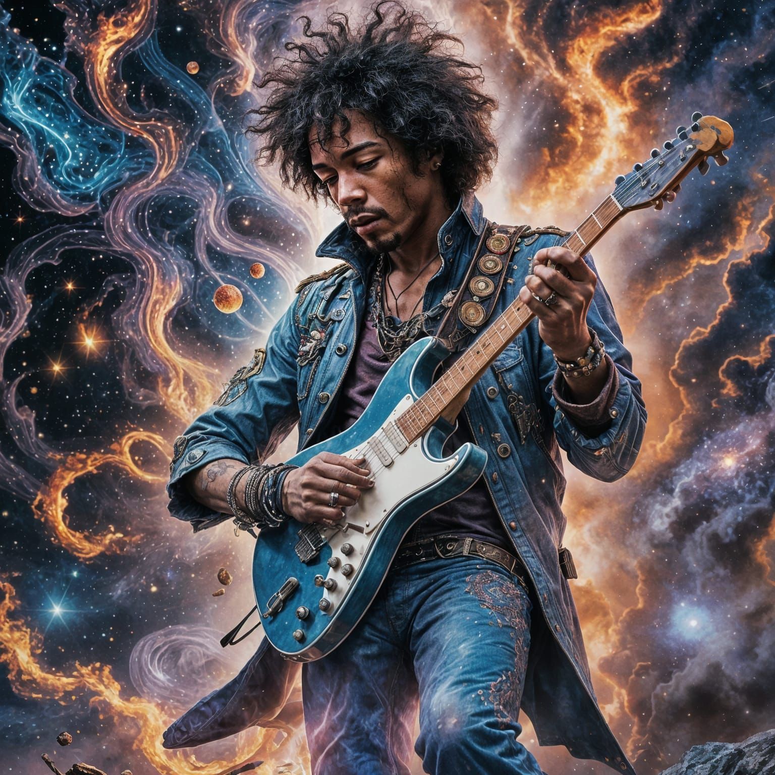 Ethereal Jimi Hendrix Soars Through Swirling Galaxies in Cyb...