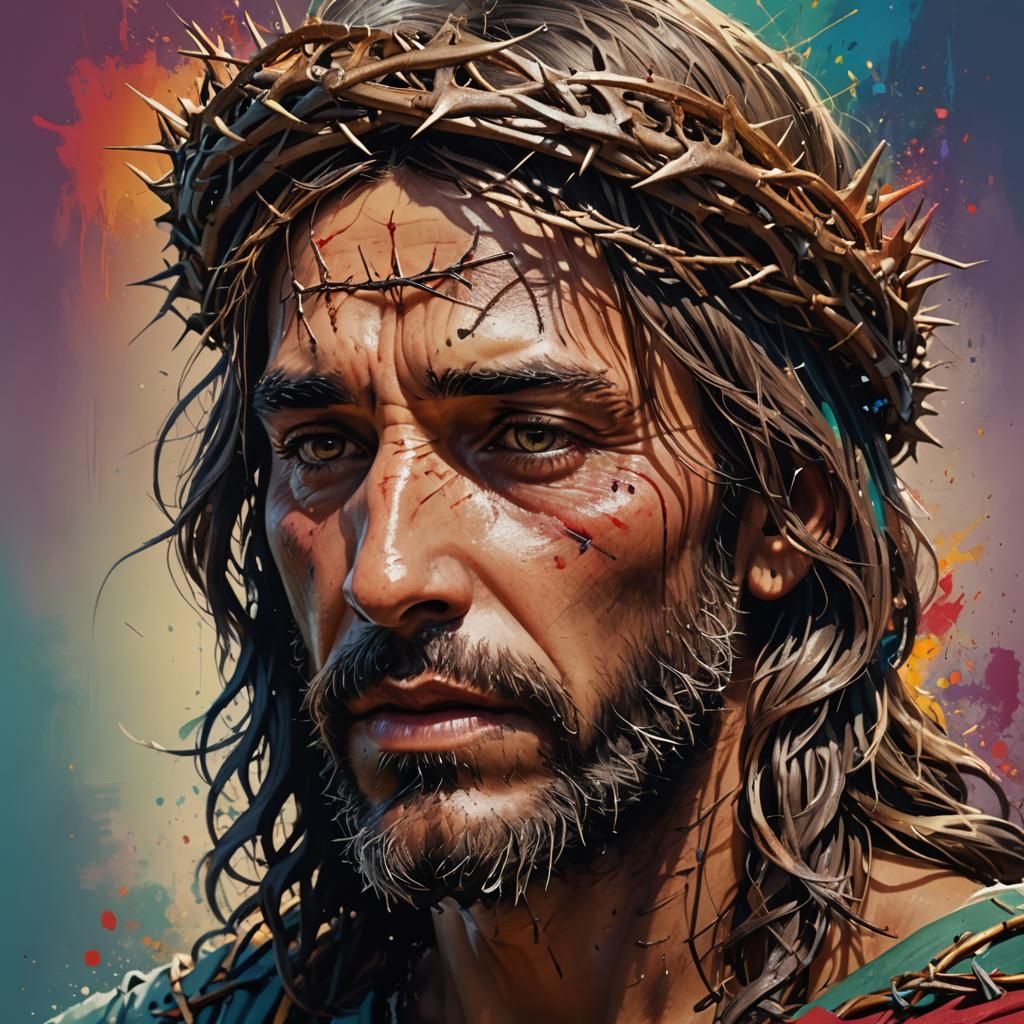 Jesus with Crown of Thorns: Hyperrealistic Splash Art