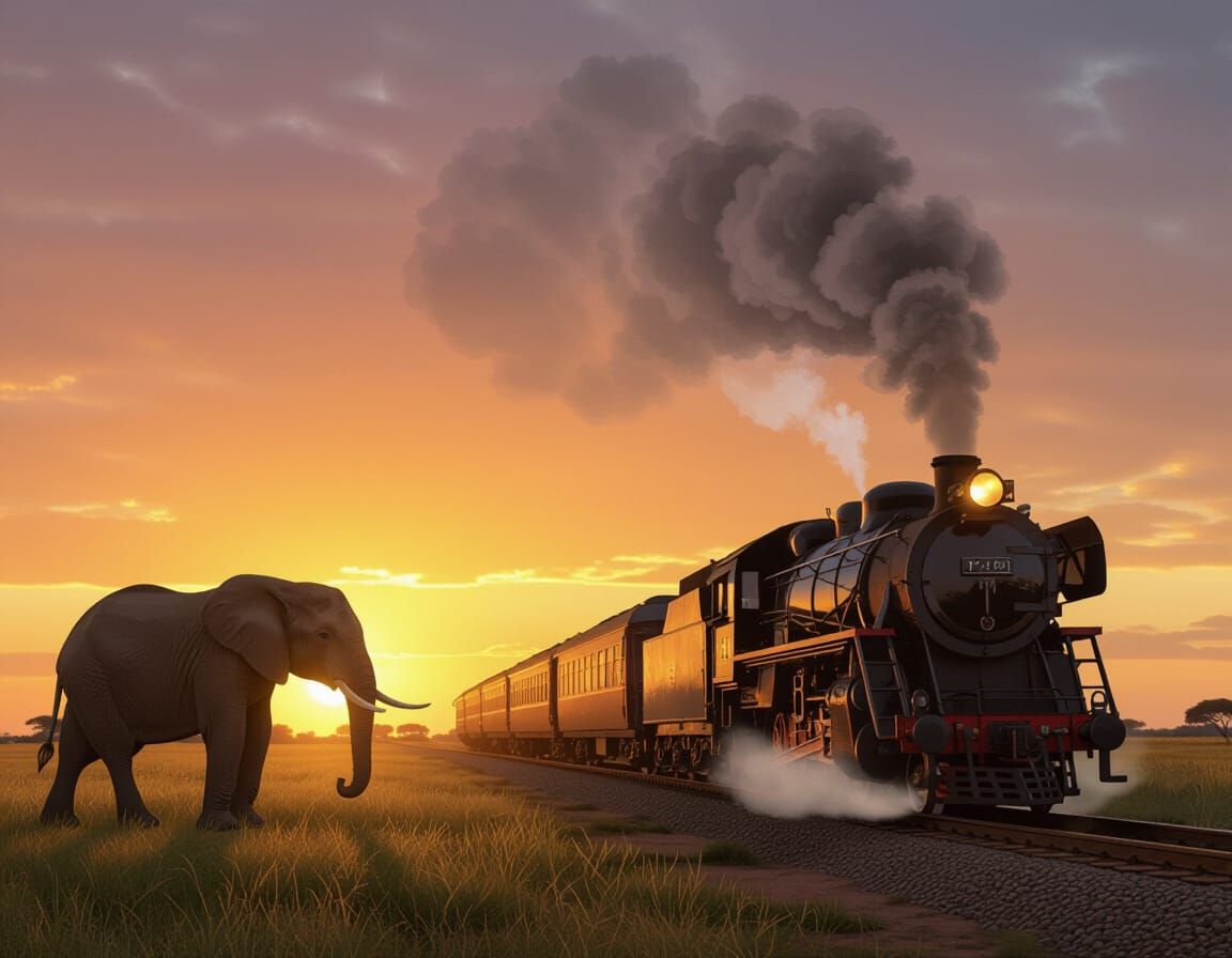 African Elephant and Steam Train at Sunset
