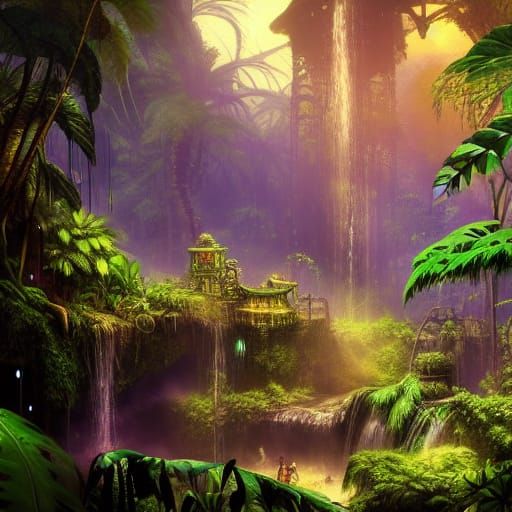 Steampunk Jungle Valley with Waterfalls in Moonlight