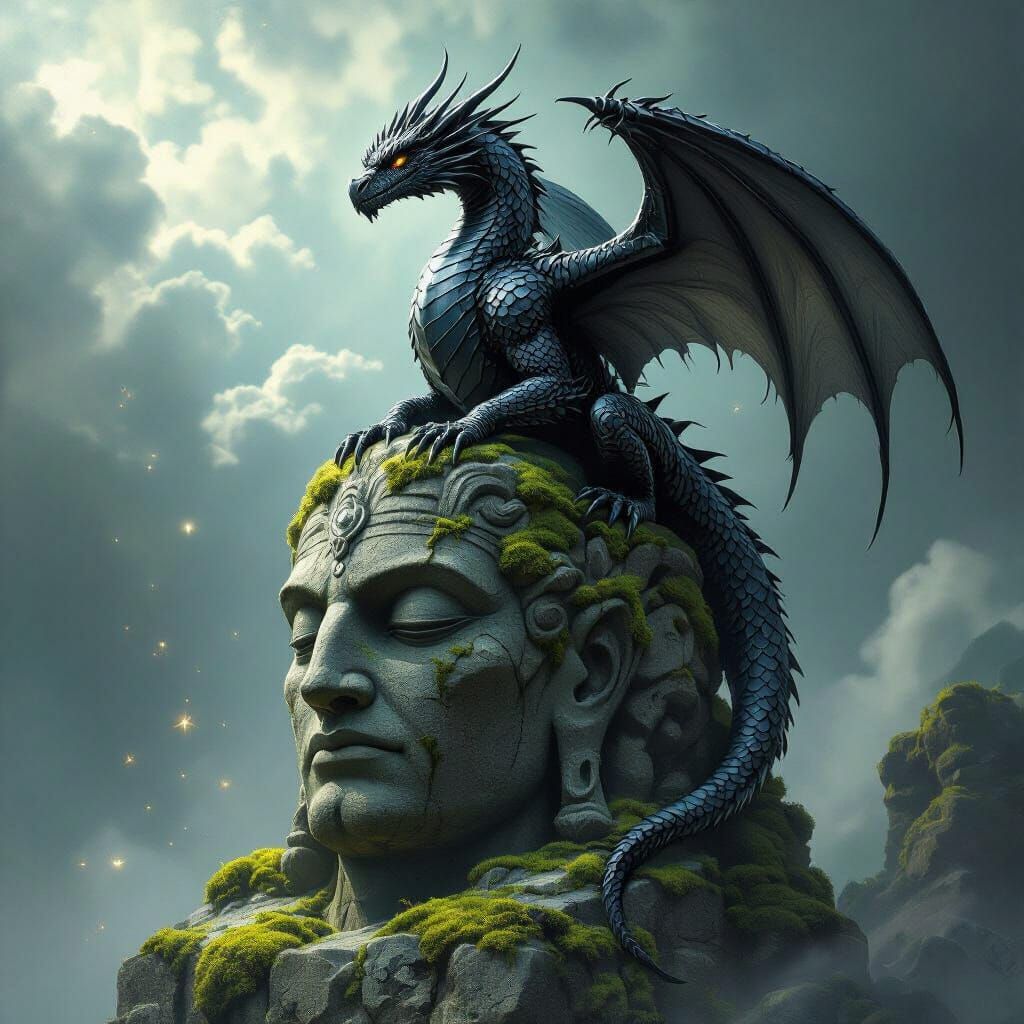 Dragon Perched on a Stone Deity Statue