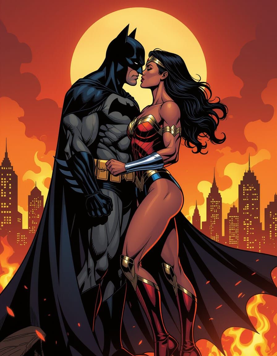 Batman and Wonder Woman Embrace Amidst Burning City