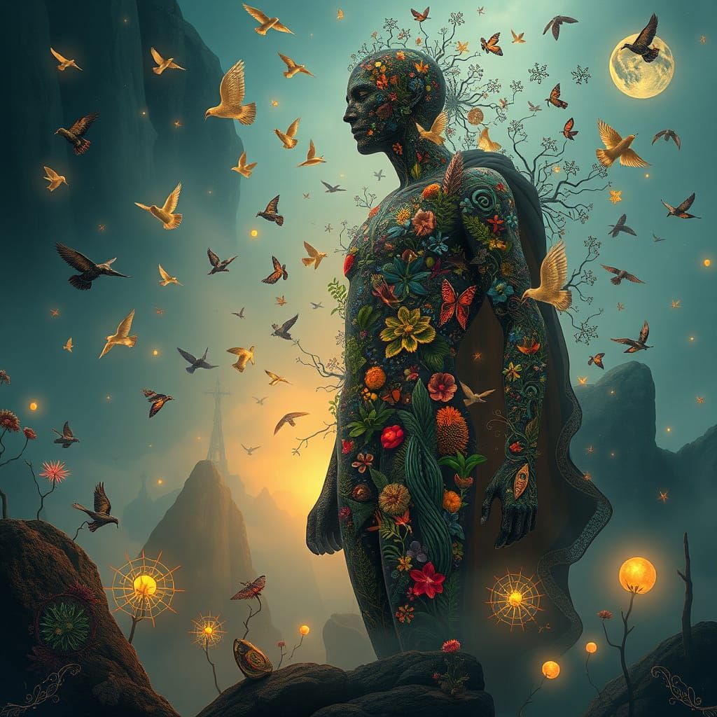 Surreal Ecosystem Man in Dreamlike Landscape