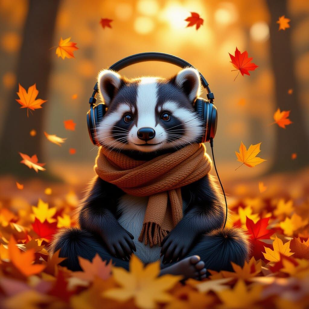 Adorable Badger in Autumn Leaves