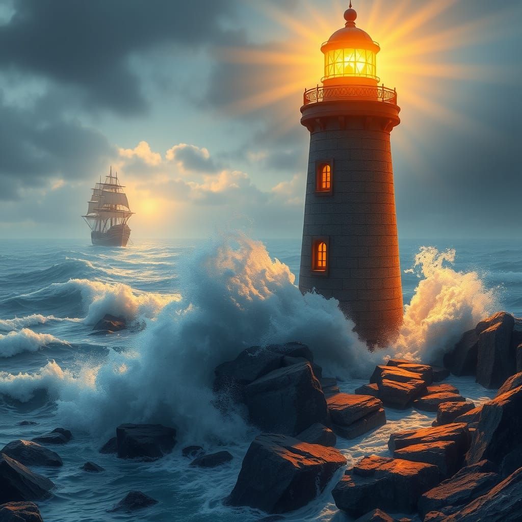 Majestic Lighthouse on Rocky Shores Illuminated by Golden Li...