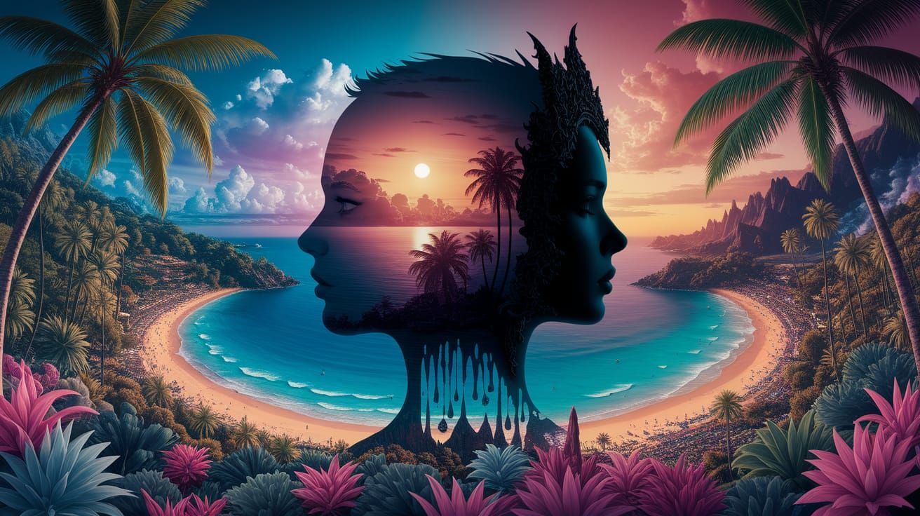 Gothic Goddess in Tropical Sunset Landscape