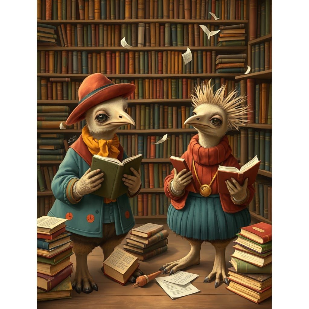 Emus Juggling Books in a Library Painting