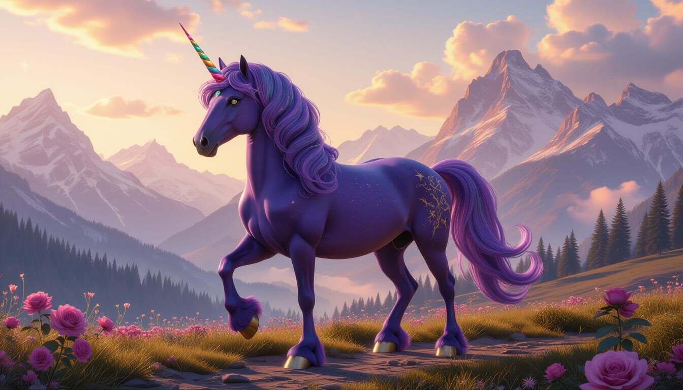 Majestic Purple Unicorn with Rainbow Horn and Star Eyes