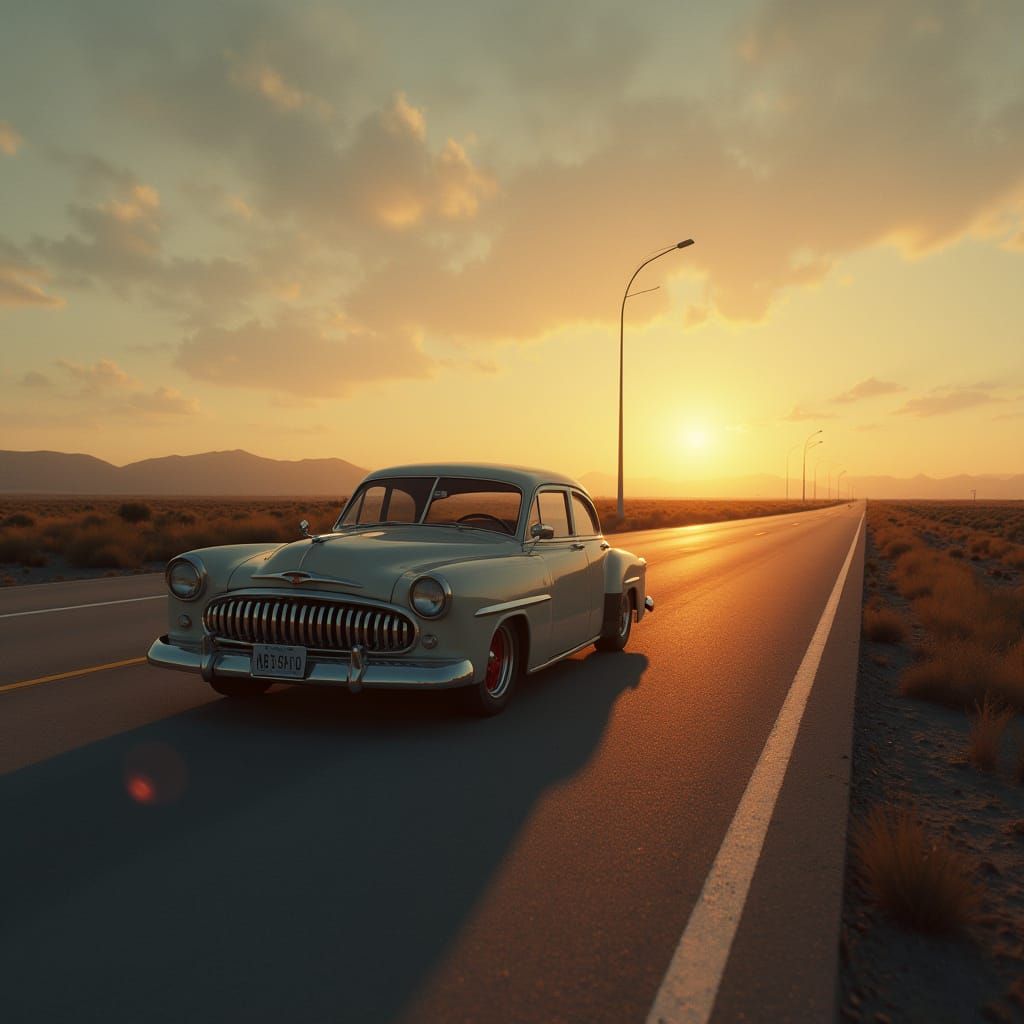 Vintage Car at Dusk in Retro Sci-Fi Style