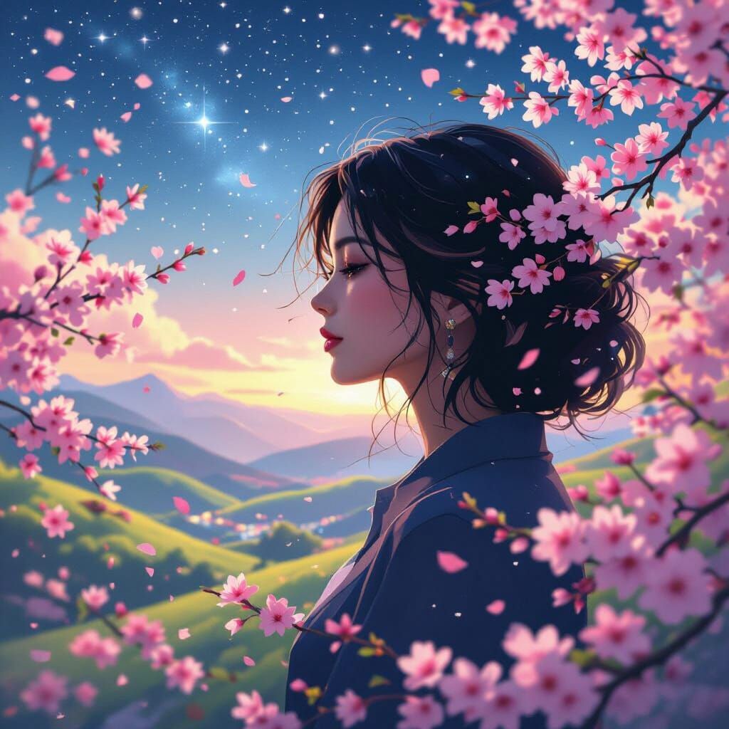 Woman Blends with Blooming Landscape Under Starry Night