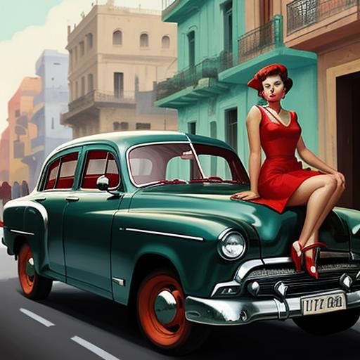Cuban Dance Scene with Vintage Cars, Mid-Century Style