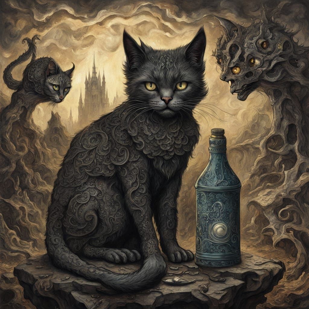 Dark Fantasy Cat with Milk Bottle in Bosch Blake Style