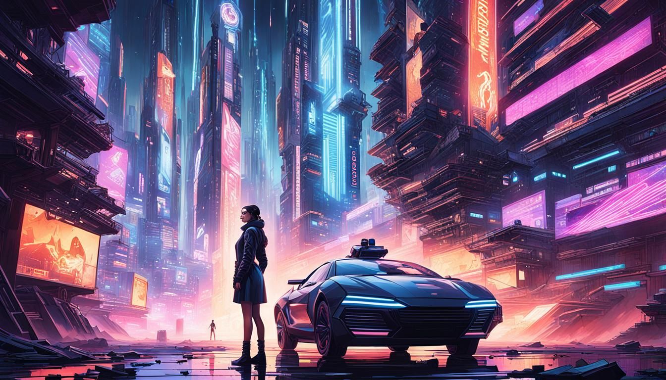Cyberpunk Woman Breaks Free in Dystopian Cityscape