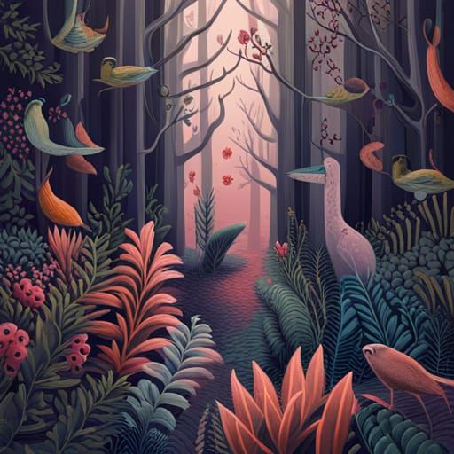 Enchanted Surrealist Forest Illustration in Vintage Style