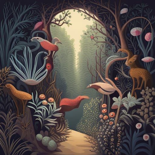 Surreal Enchanted Forest Illustration in Vintage Style