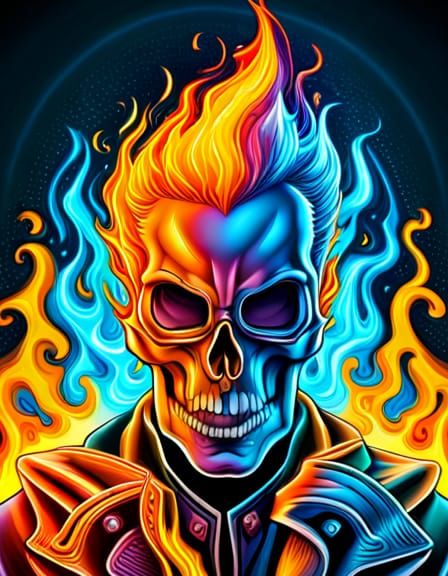 Ghost Rider in Multicolored Psychedelic Flames