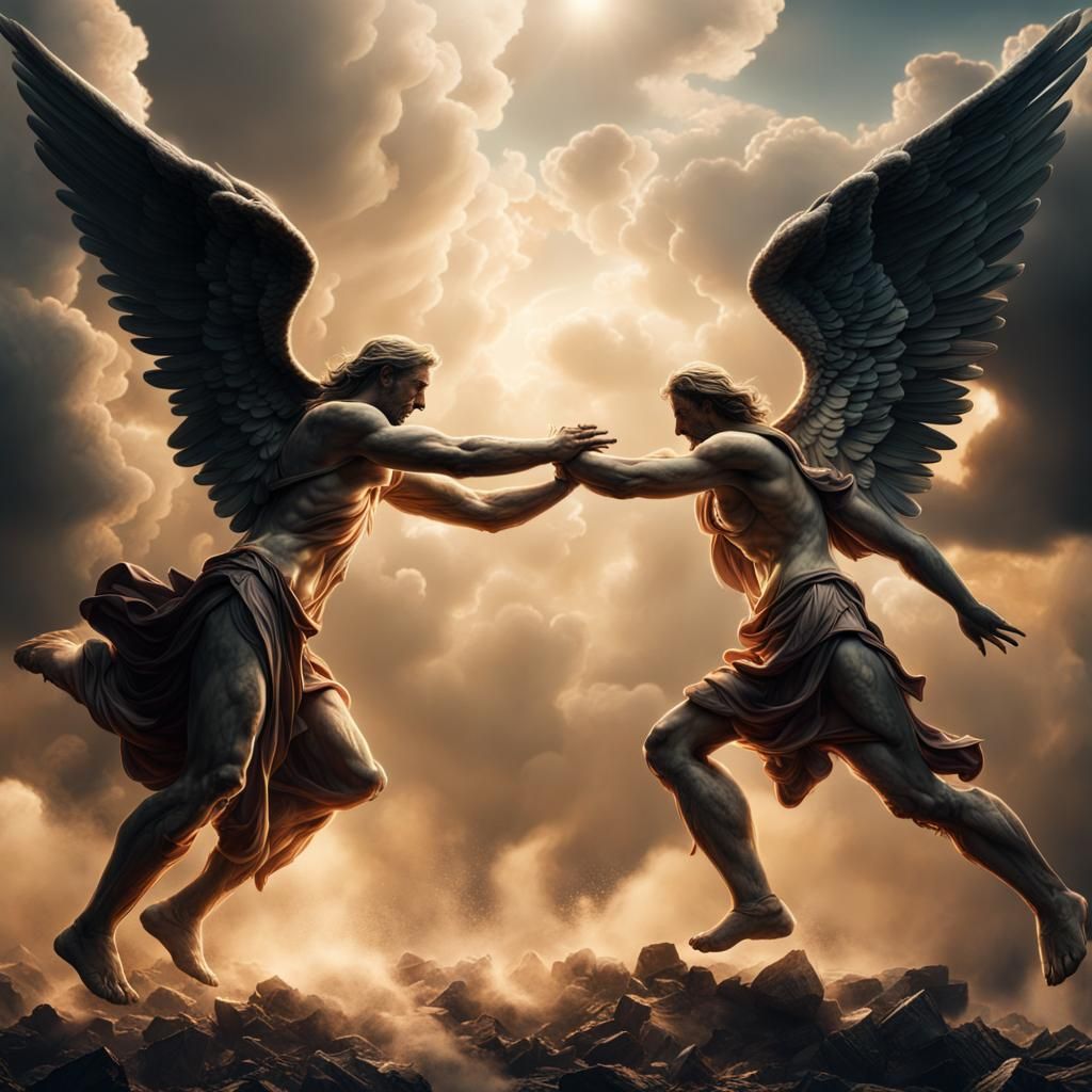 Angels Clash in Heaven: Hyperrealistic Digital Painting