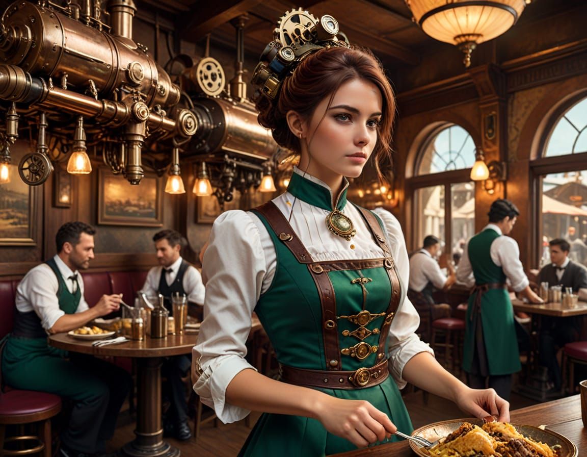 Steampunk Italian Restaurant With Waitress, Concept Art Styl...