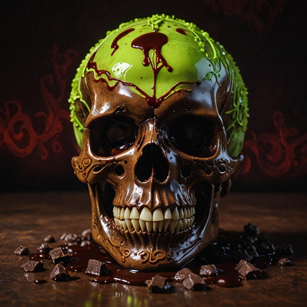 Fluorescent Green Skull with Chocolate Sauce