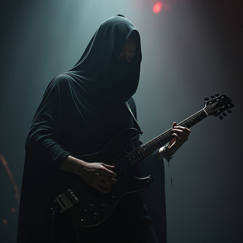 Guitarist in Shadows: A Psychedelic, Futuristic Vision