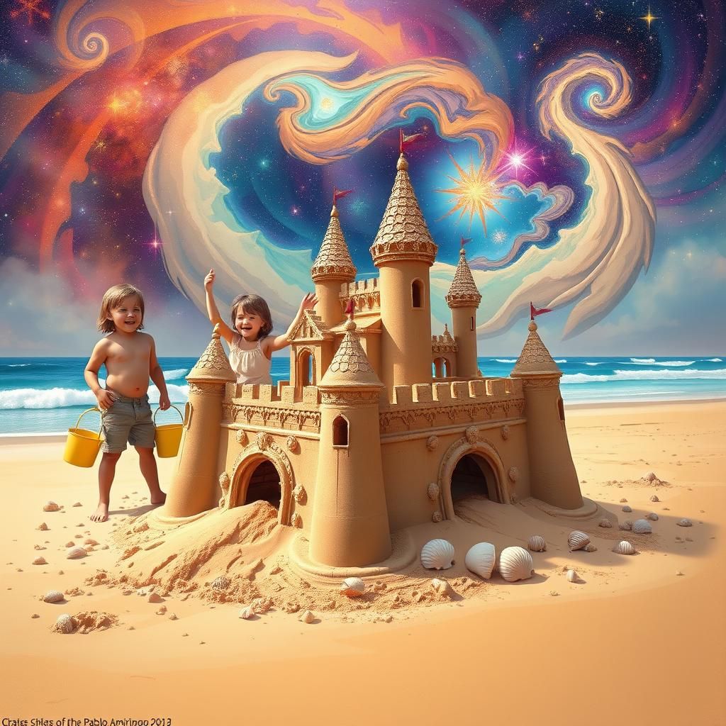 Intricate Sandcastle on Beach with Cosmic Backdrop
