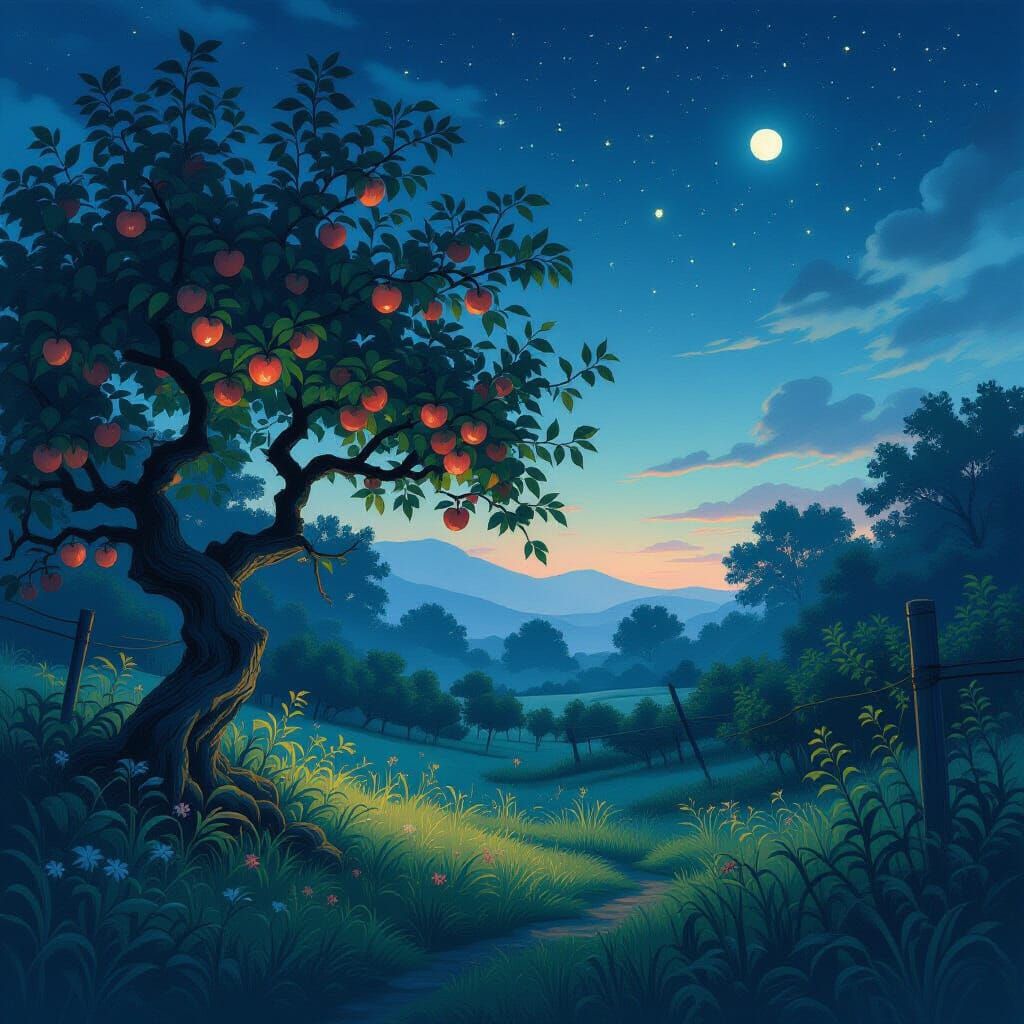 Bioluminescent Orchard at Twilight in Ethereal Ink Style